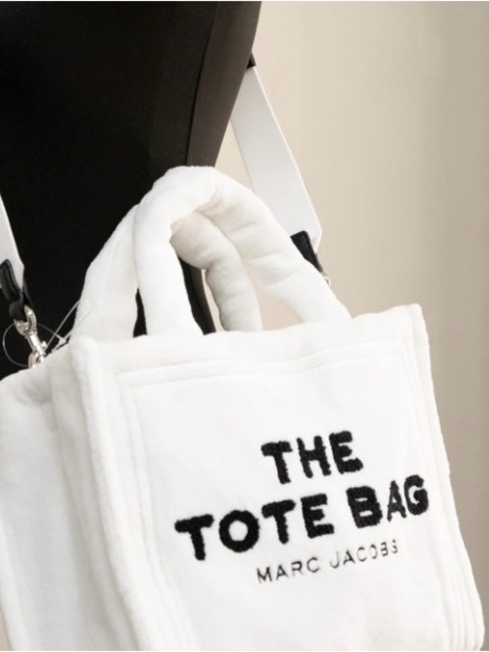 Marc Jacobs White Plush Mini Tote with Black Logo Patch